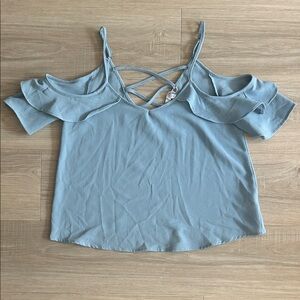 iris Light Blue Cold-Shoulder Ruffle Tank with Bqck Crisscross Detail and Straps